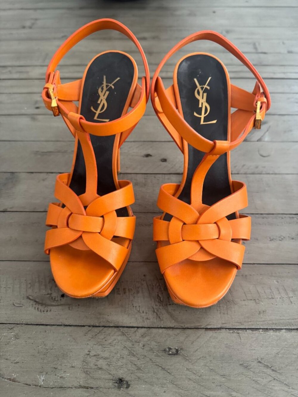 YSL Saint Laurent Paris Orange Leather Tribute Platform Sandals Heels Size 38.5 - Picture 5 of 8